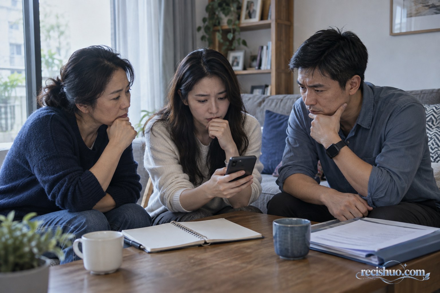 三名成年人在家中共同查看婚介短视频并谨慎讨论相关风险