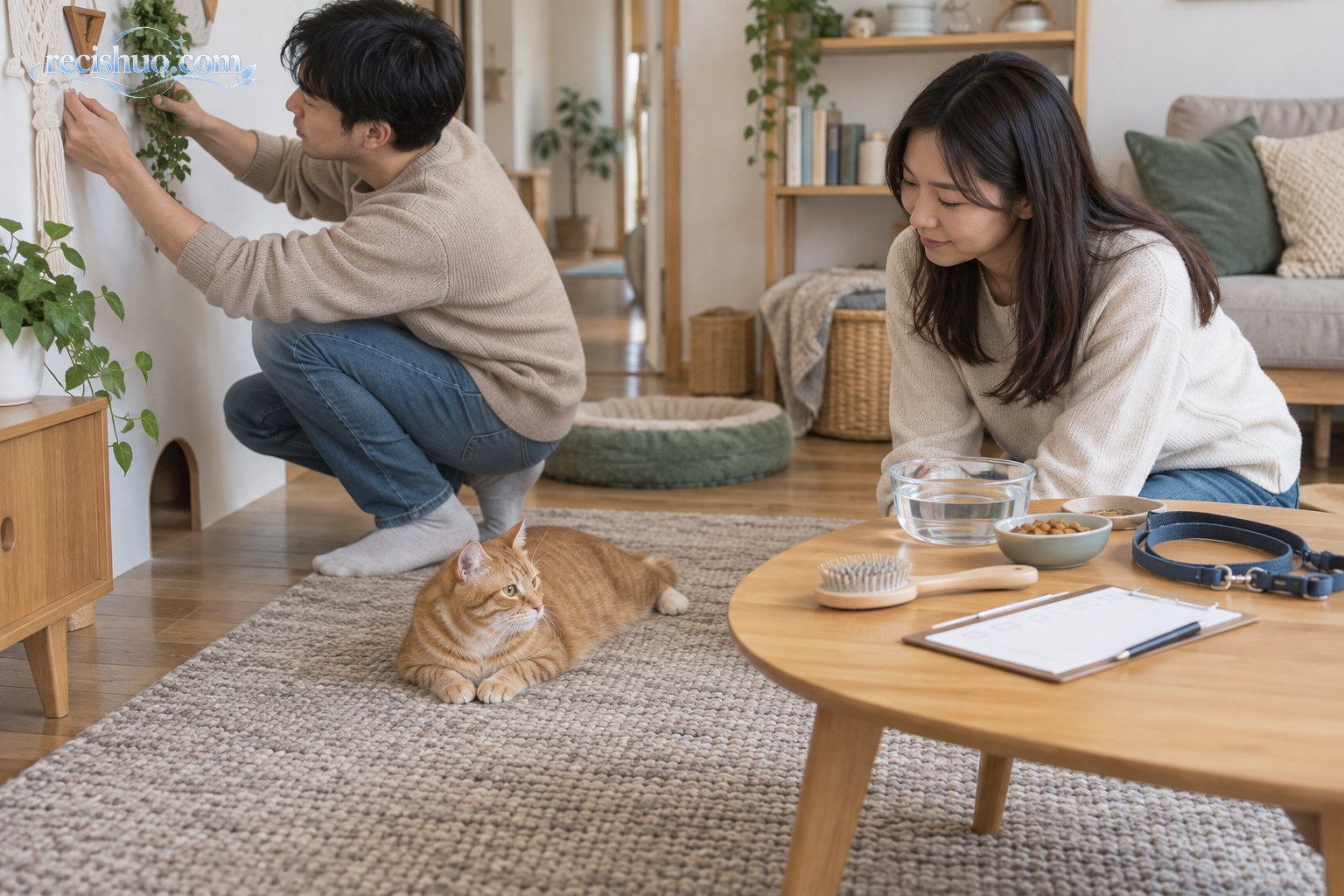 主人检查客厅装饰与宠物用品时橘猫安静趴在防滑地毯上