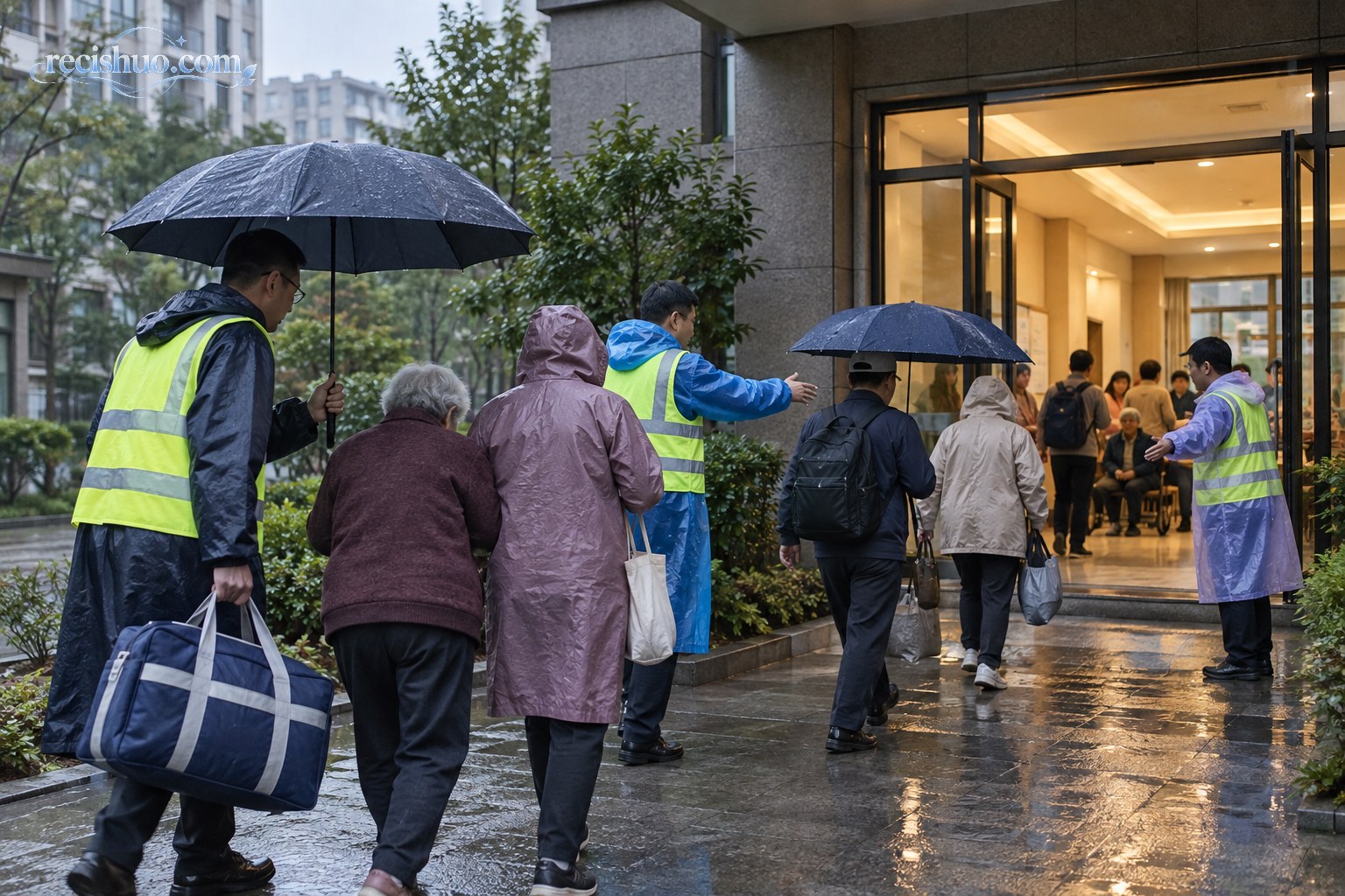 细雨中社区工作人员协助居民有序进入安全安置点