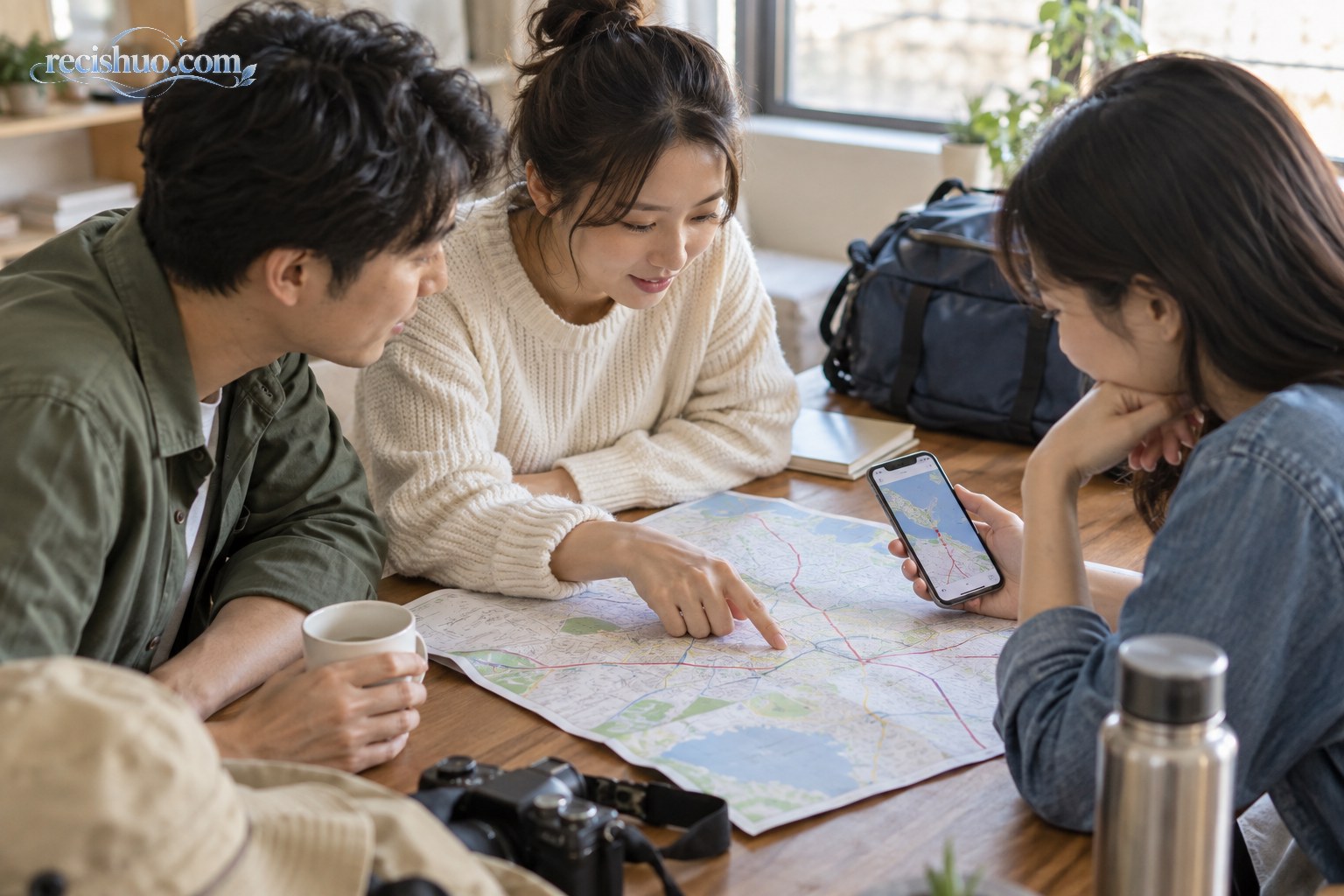 三名游客出发前对照手机地图与纸质线路图规划路线