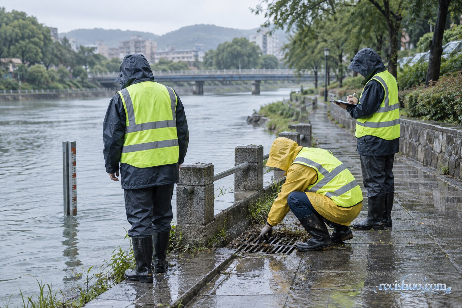 基层工作人员在雨后巡查河道水位和排水设施