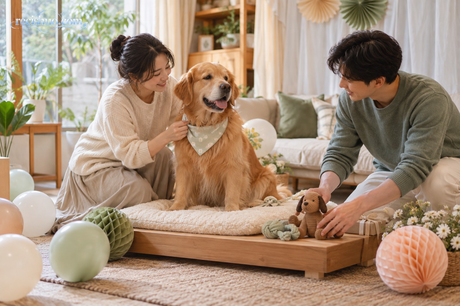 两位主人在布置温馨客厅时陪伴坐在软垫上的金毛犬
