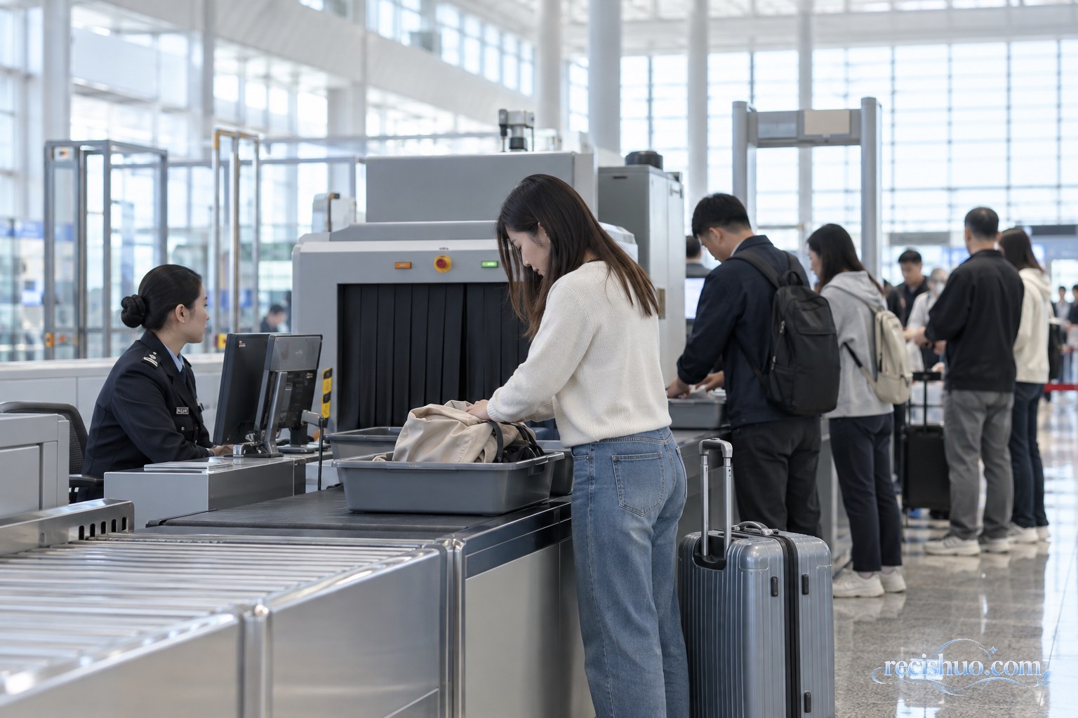 旅客在高铁站安检区域整理行李并配合检查
