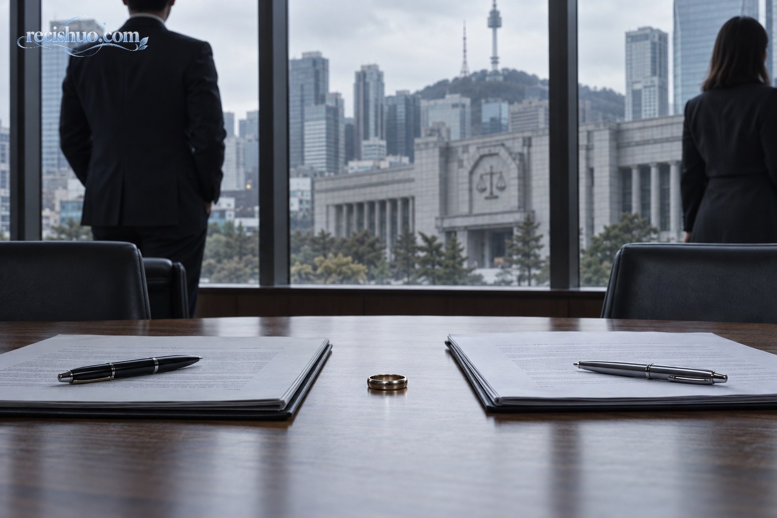 现代商务会议室内分开放置的文件与婚戒,窗外可见法院建筑和城市天际线