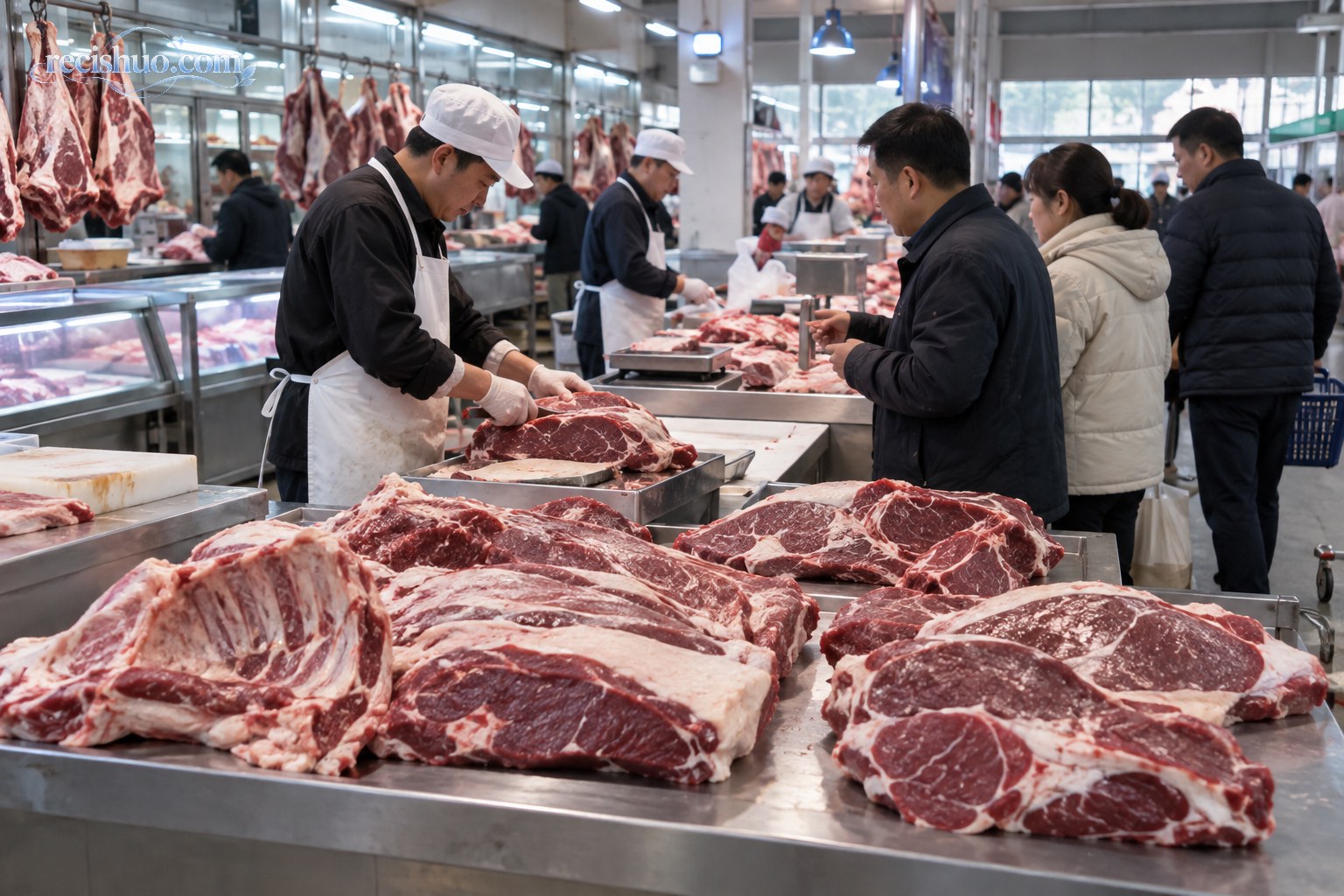 生鲜批发市场内商户分割牛肉并与采购者交易