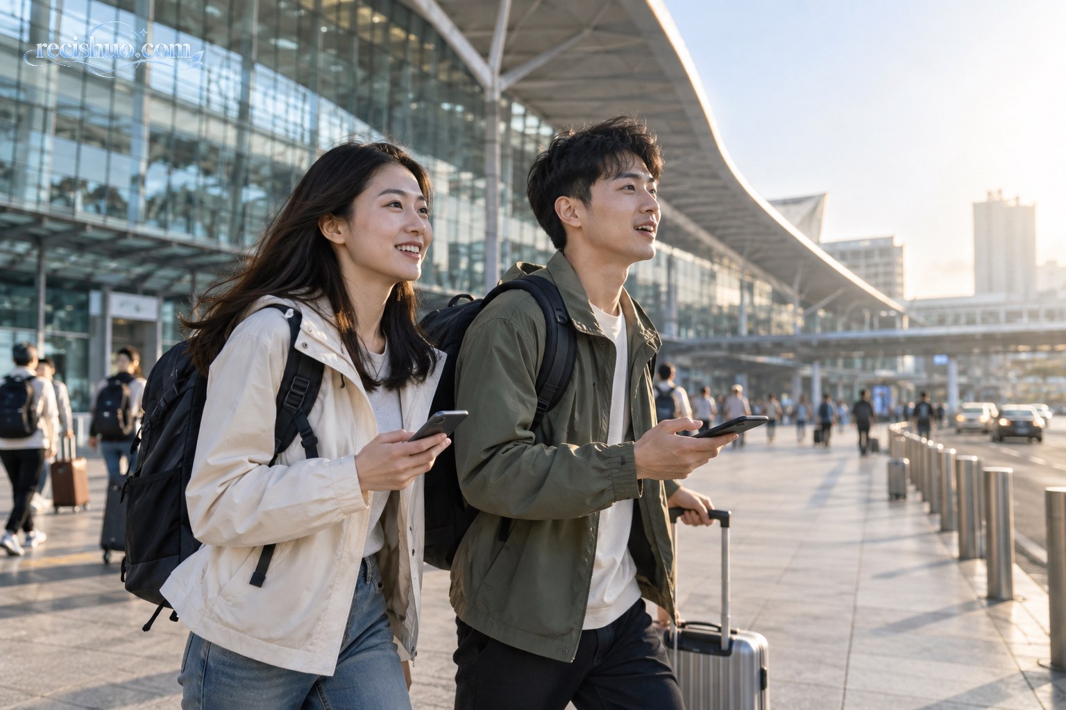 清晨交通枢纽外两名年轻旅行者背着轻便行李查看手机准备出发