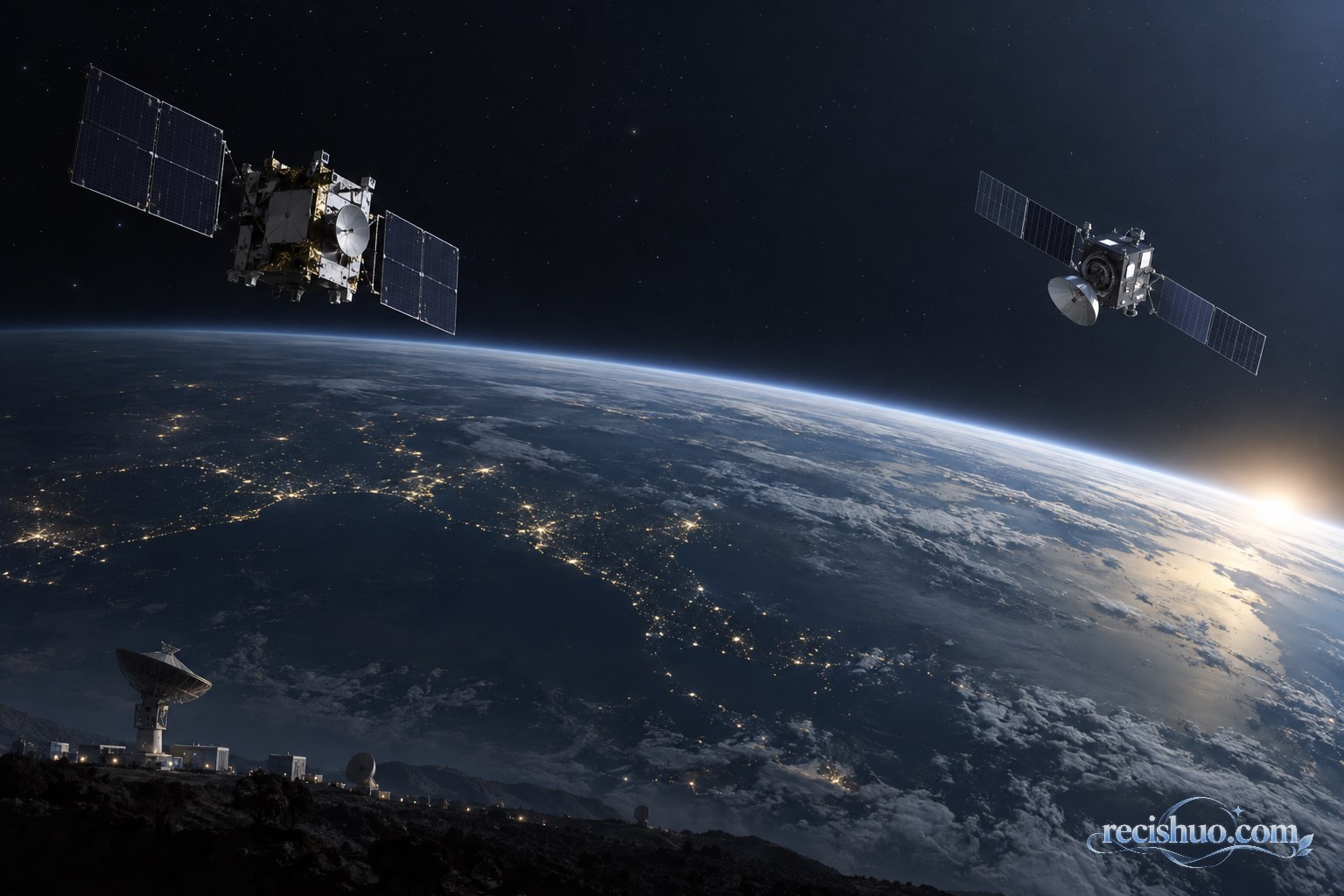 两颗无标识卫星在地球上空保持距离运行,地面设有测控天线