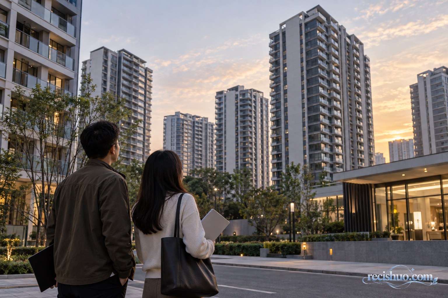 一对购房者在傍晚观察现代城市住宅楼群