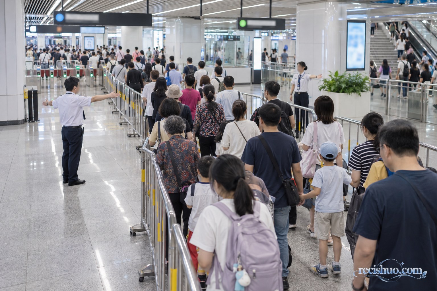 轨道交通站厅内乘客沿隔离栏有序排队,工作人员在闸机前引导客流