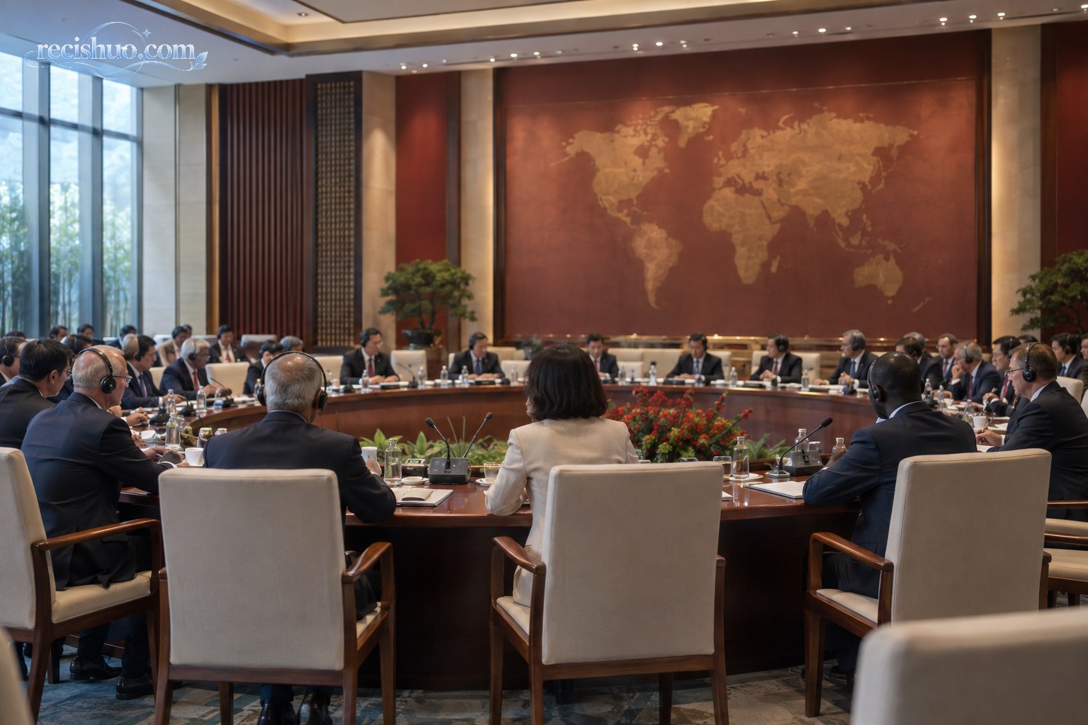 现代会议厅内不同国家和地区的与会者围桌交流