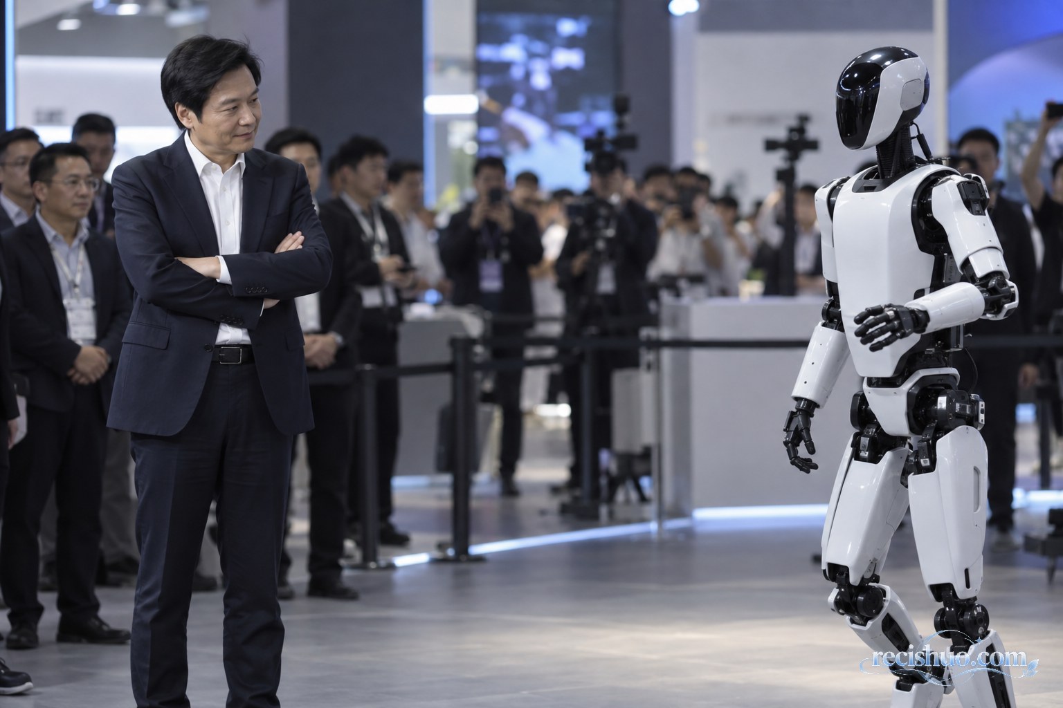 科技展厅内一名企业家与人形机器人保持距离观察演示
