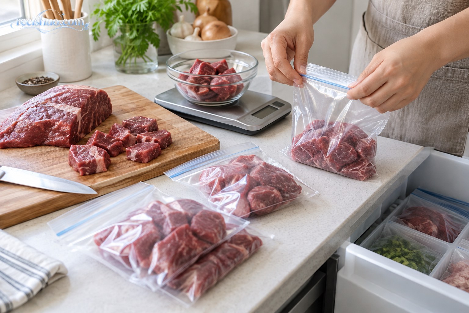家庭厨房中按一餐用量分装牛肉并准备冷冻保存