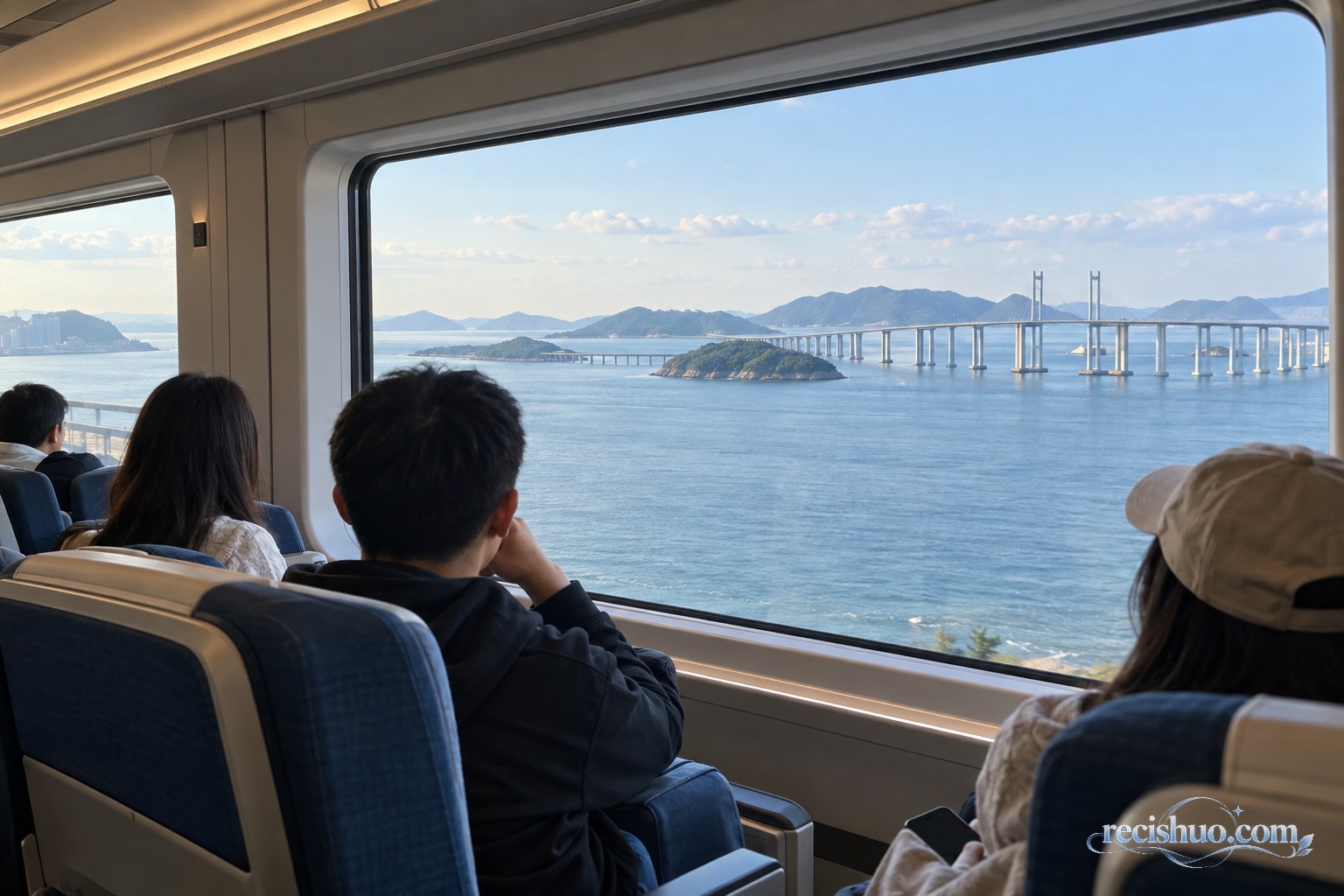 乘客坐在市域列车车厢内,透过宽大车窗眺望海湾、岛屿与跨海桥梁