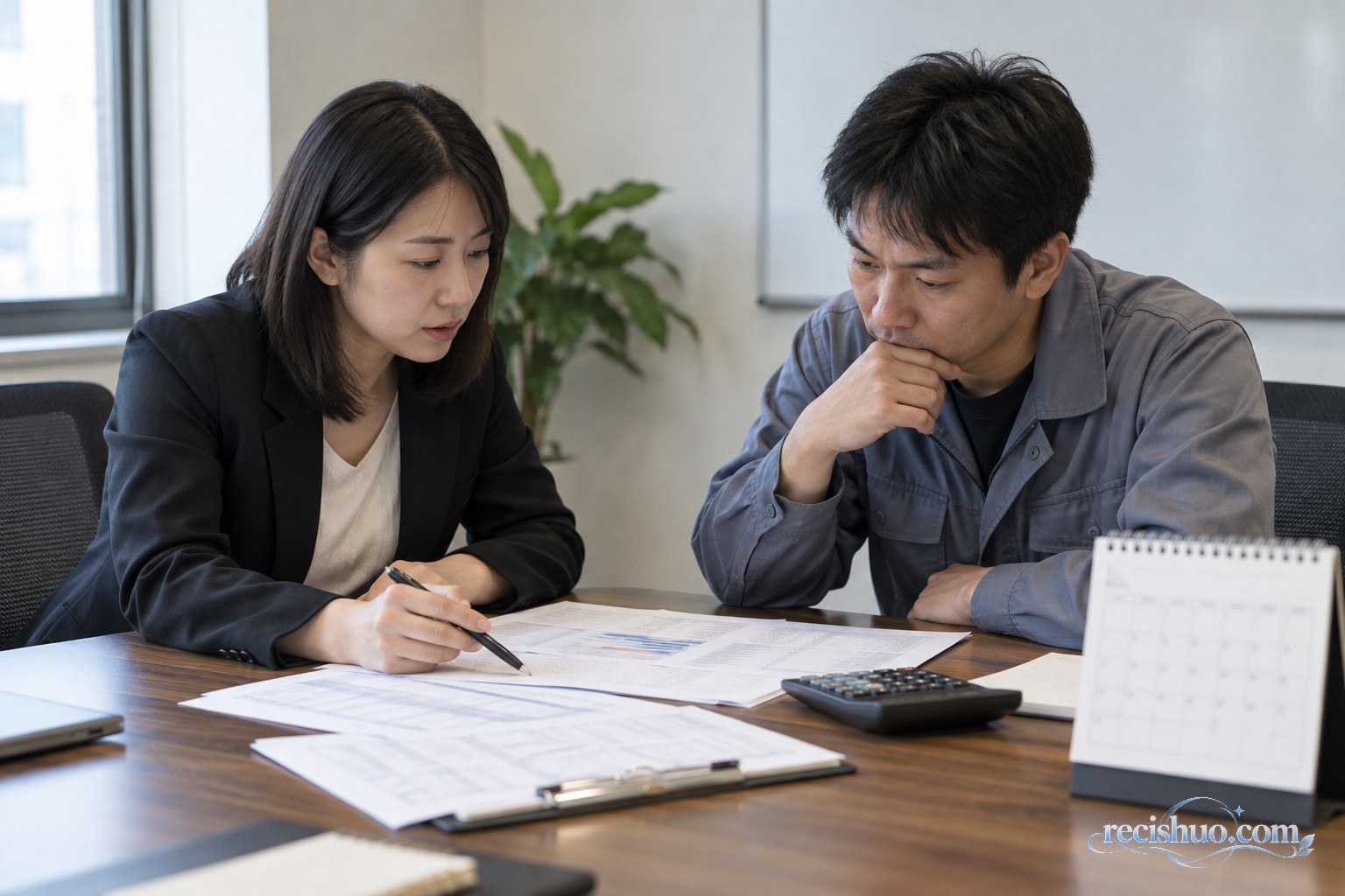 人事工作人员与员工共同核对考勤和工资资料