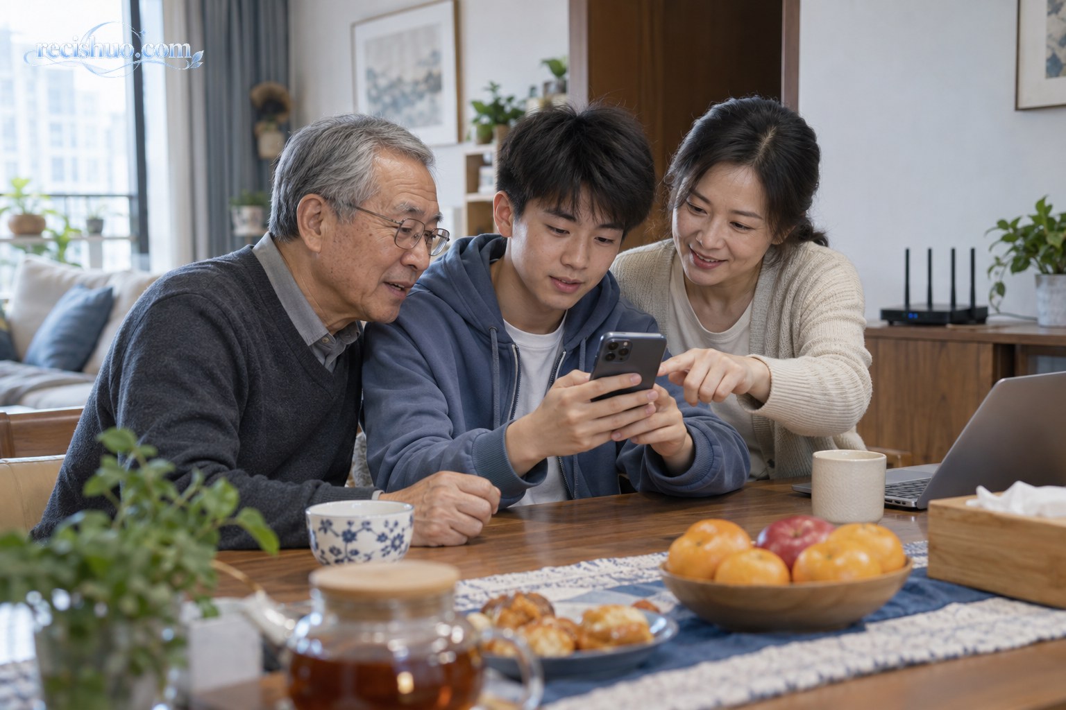 一家三代在家中共同检查手机隐私与安全设置