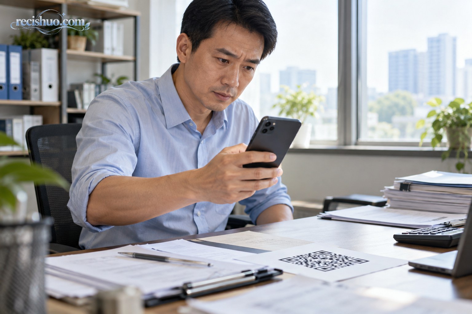 中小企业经营者在办公室使用手机扫描账款投诉入口示意码