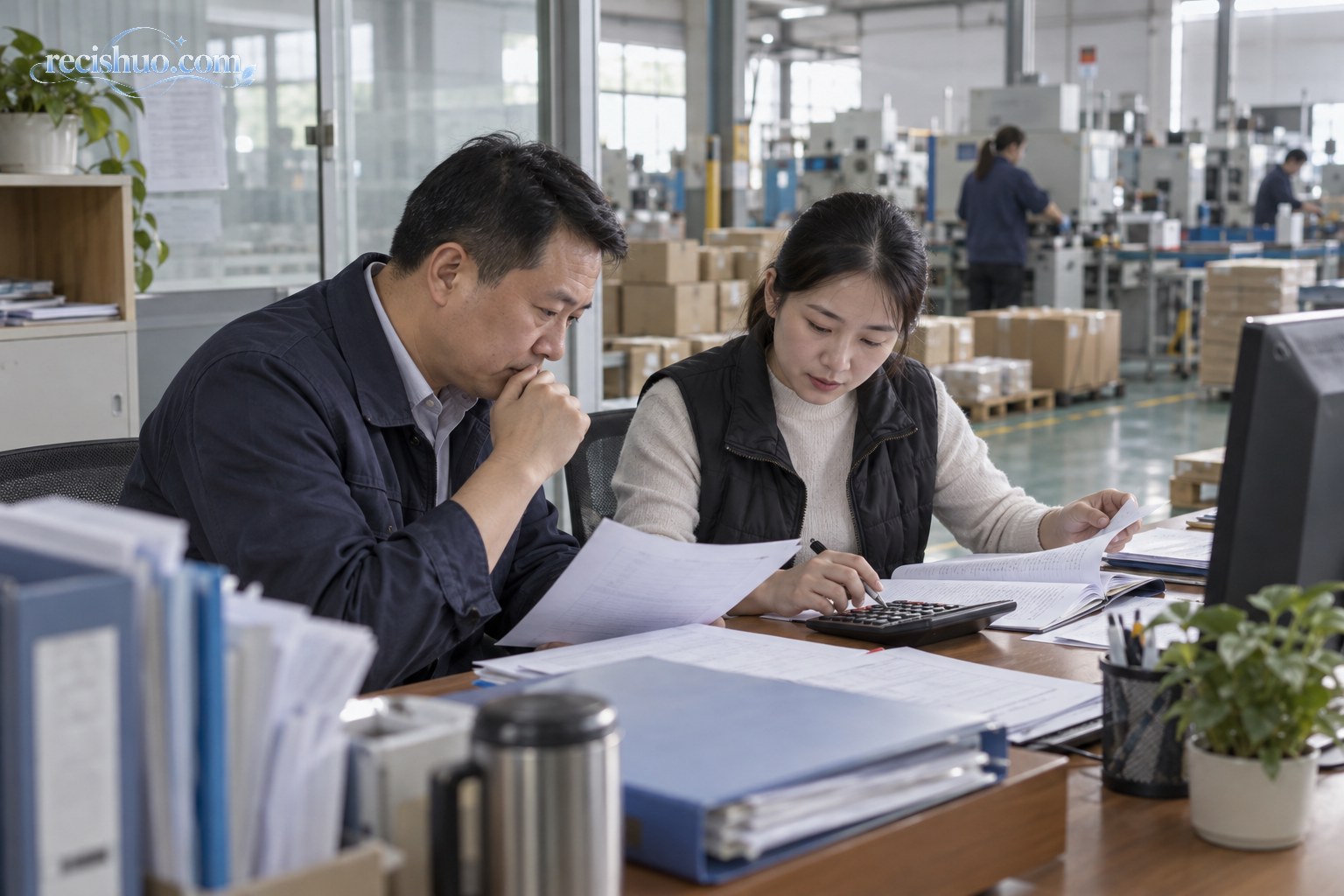 中小制造企业负责人和财务人员在车间办公室核算应收账款与资金安排