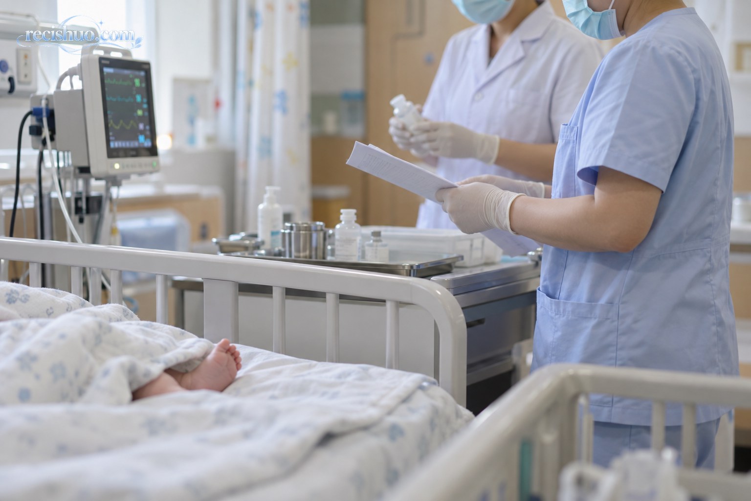 儿科诊室内医护人员在婴儿病床旁核对医嘱和药品
