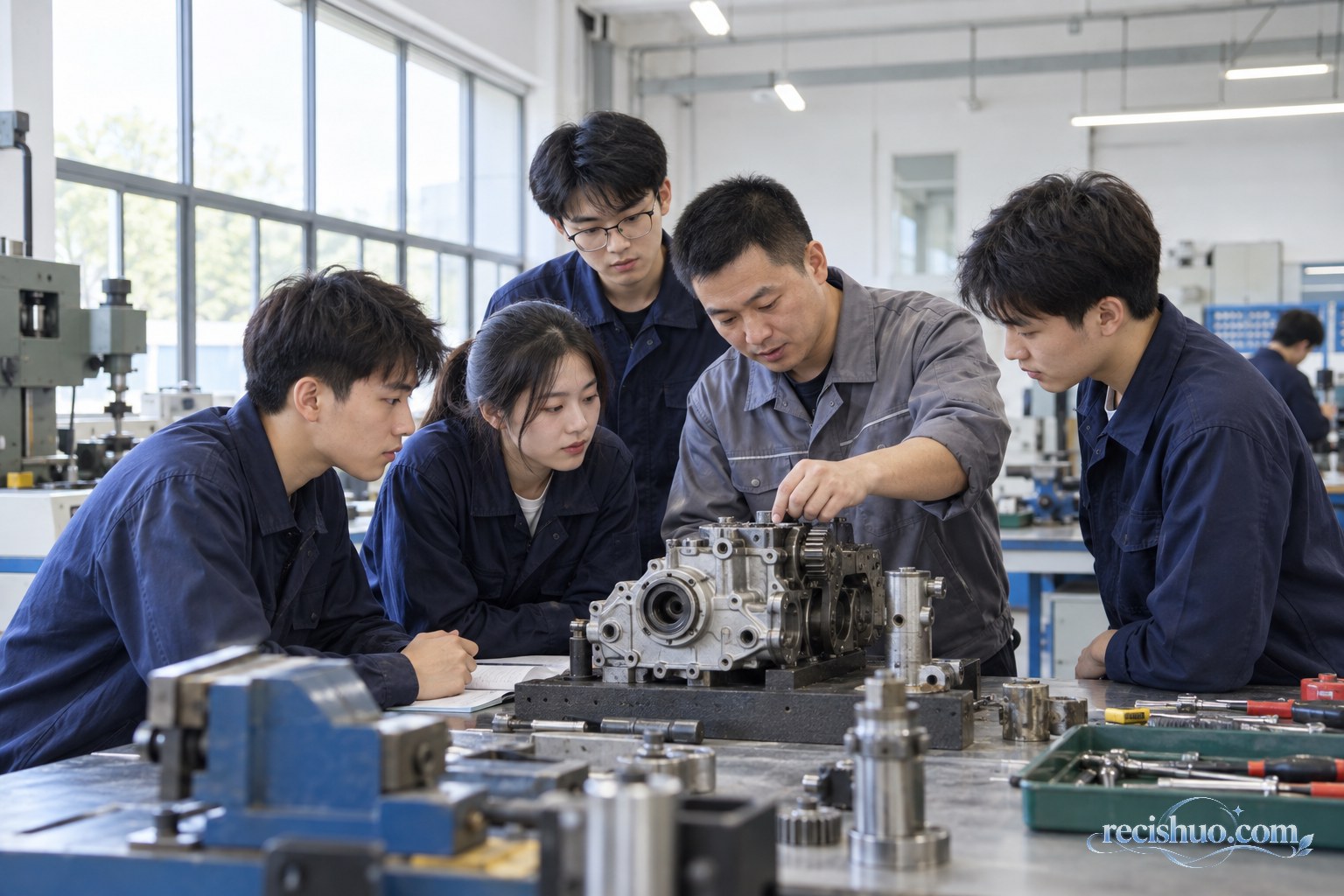 大学毕业生在职业技能实训教室围绕机械部件听教师讲解