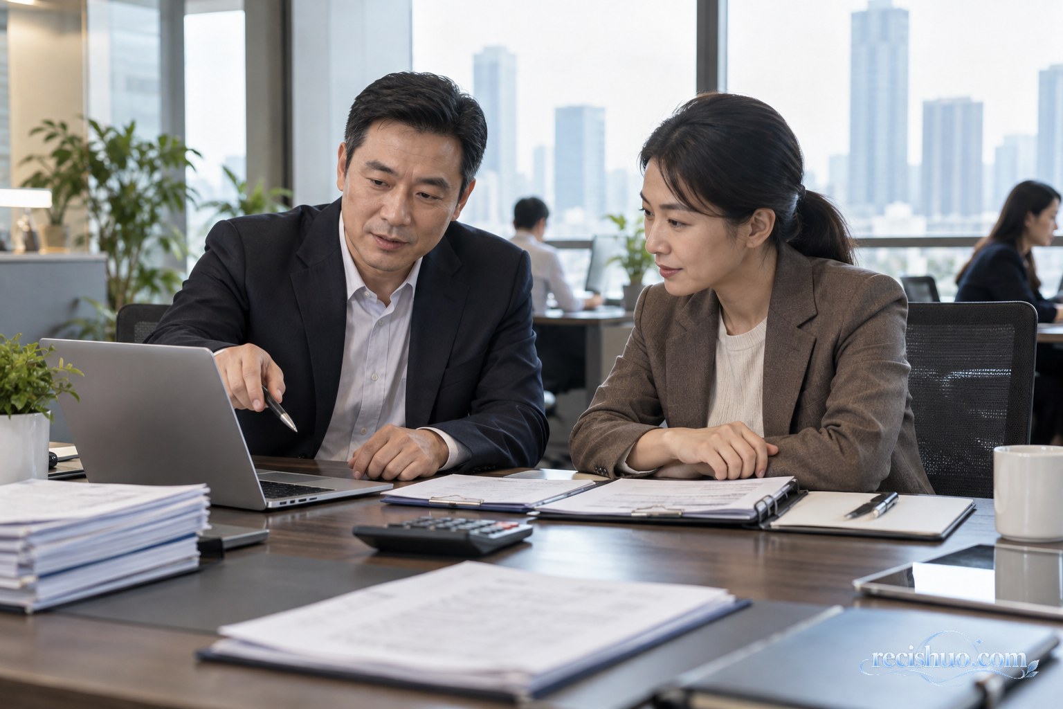 大型企业财务负责人和中小企业经营者在办公室核对合同及结算安排