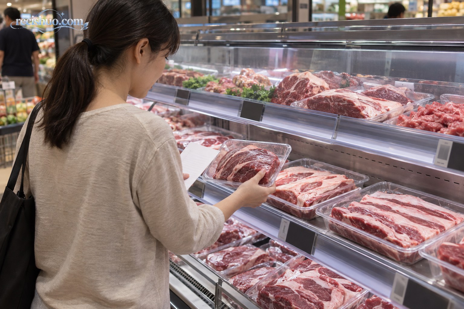 消费者在生鲜超市冷柜前对比挑选不同部位的牛肉