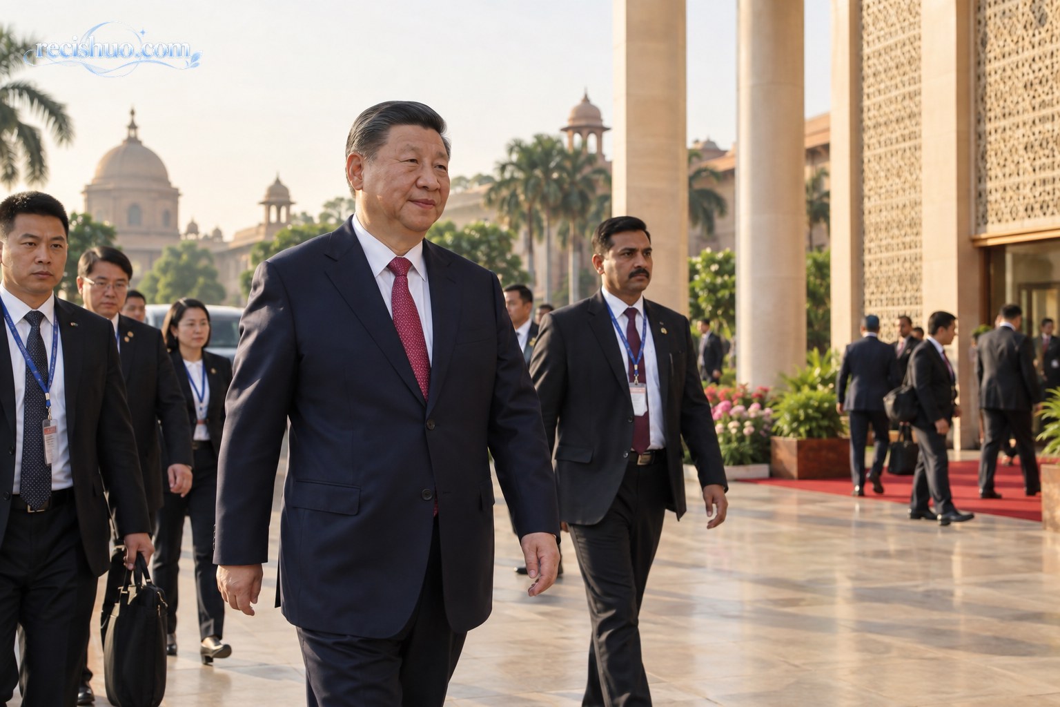 习近平主席抵达具有南亚建筑特色的国际会议场所的新闻场景图