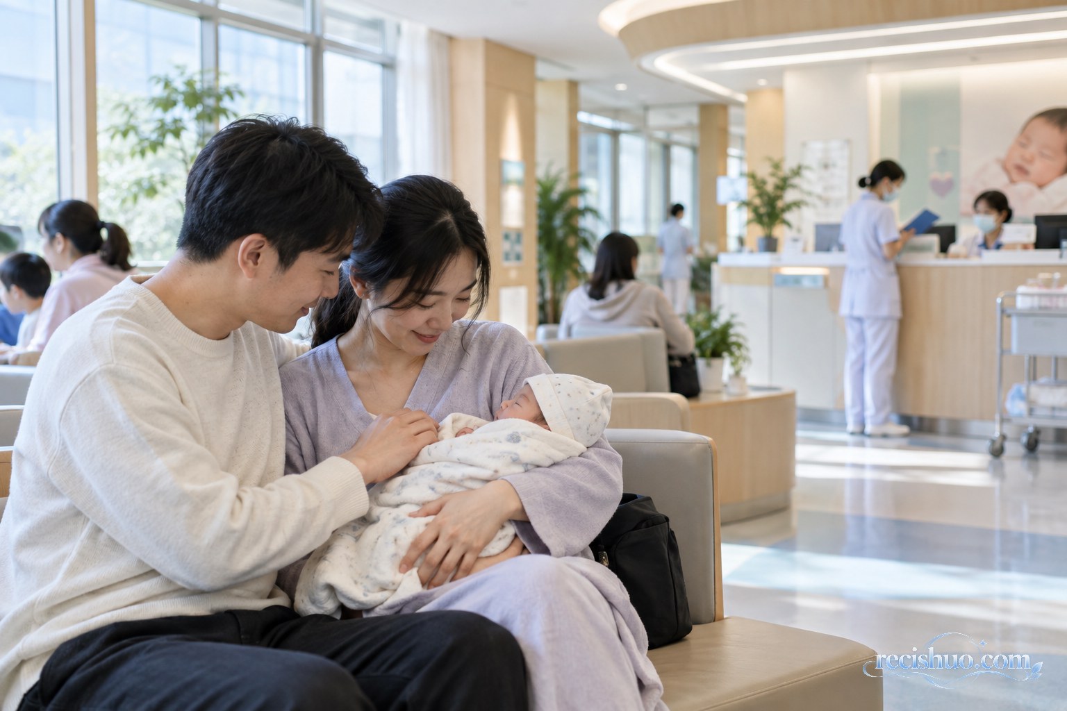 年轻父母在妇幼健康服务中心抱着新生儿等候,远处医护人员正在工作