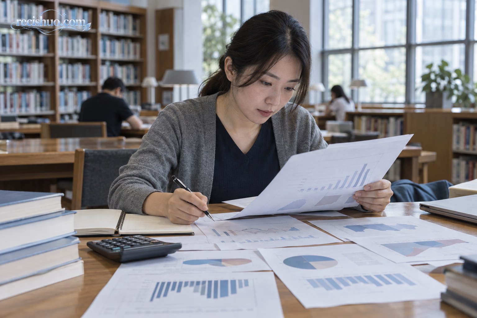 研究人员在阅览室核对人口统计资料与图表
