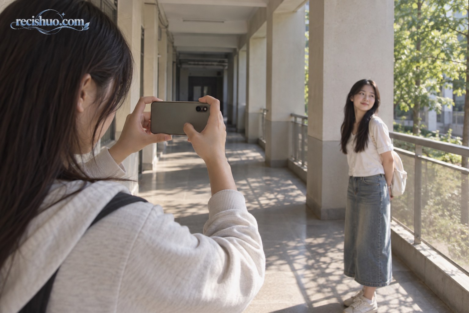 大学生在教学楼连廊利用自然光为同学拍摄原相机人像