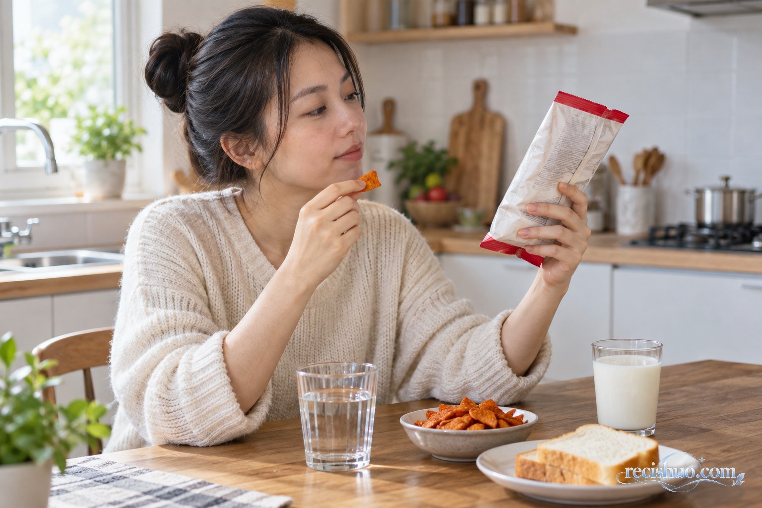 成年人少量品尝辣味零食并查看包装配料信息