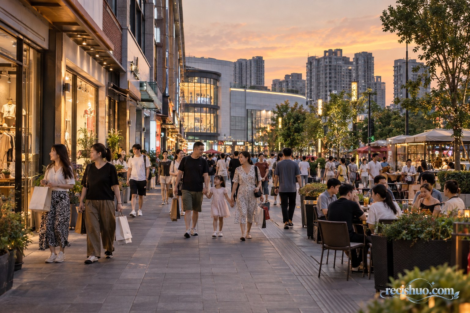 傍晚时分居民在县级城市商业街购物和用餐的热闹景象