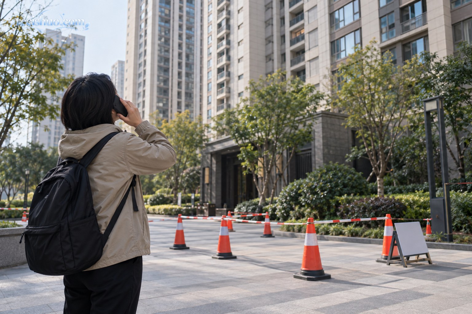 路人在高层住宅楼下保持安全距离并用手机联络求助