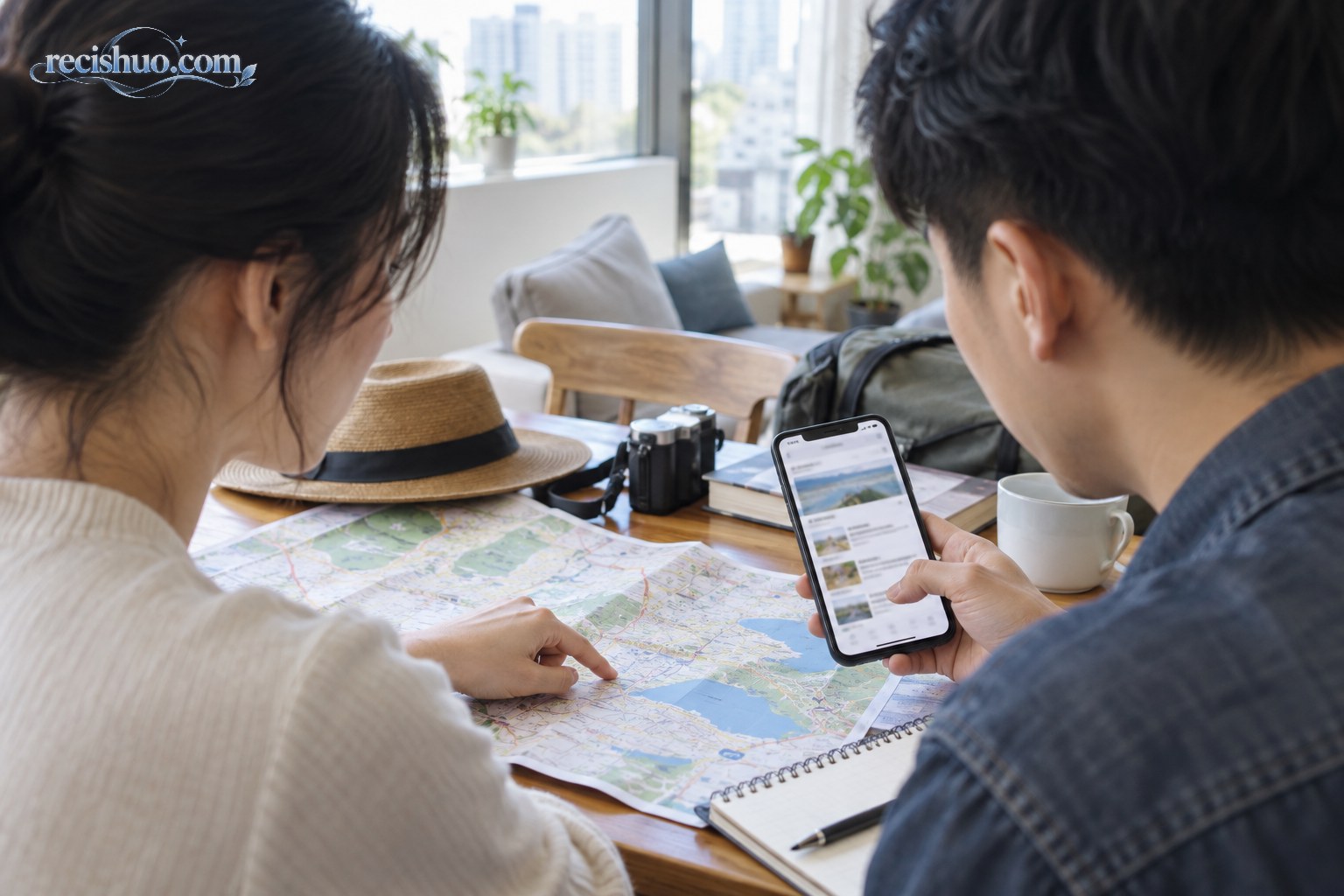 游客在家中通过手机和地图核验景区信息并规划出行路线