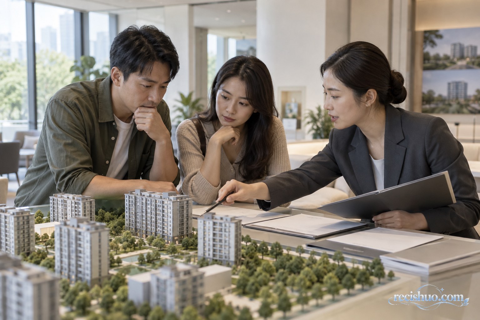 购房者在住宅咨询中心查看社区模型并与工作人员沟通