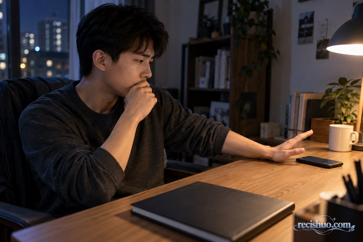 年轻职场人在书桌前停止回复可疑的信息索取请求