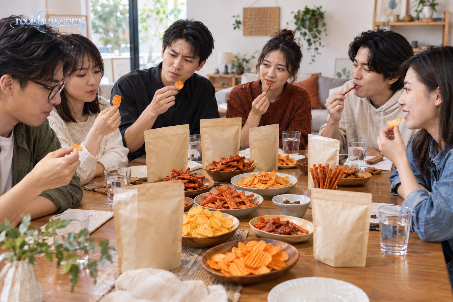 年轻人在居家餐桌旁盲品多种无品牌辣味零食