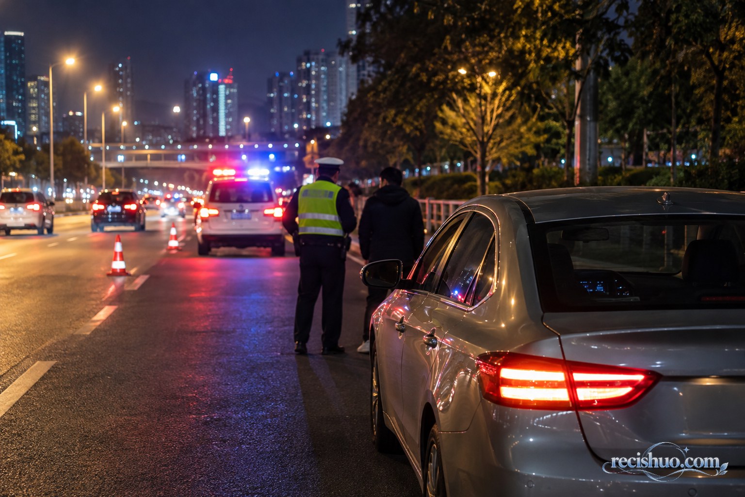 夜间城市道路旁停着一辆轿车,交通警务人员在警灯下处置现场
