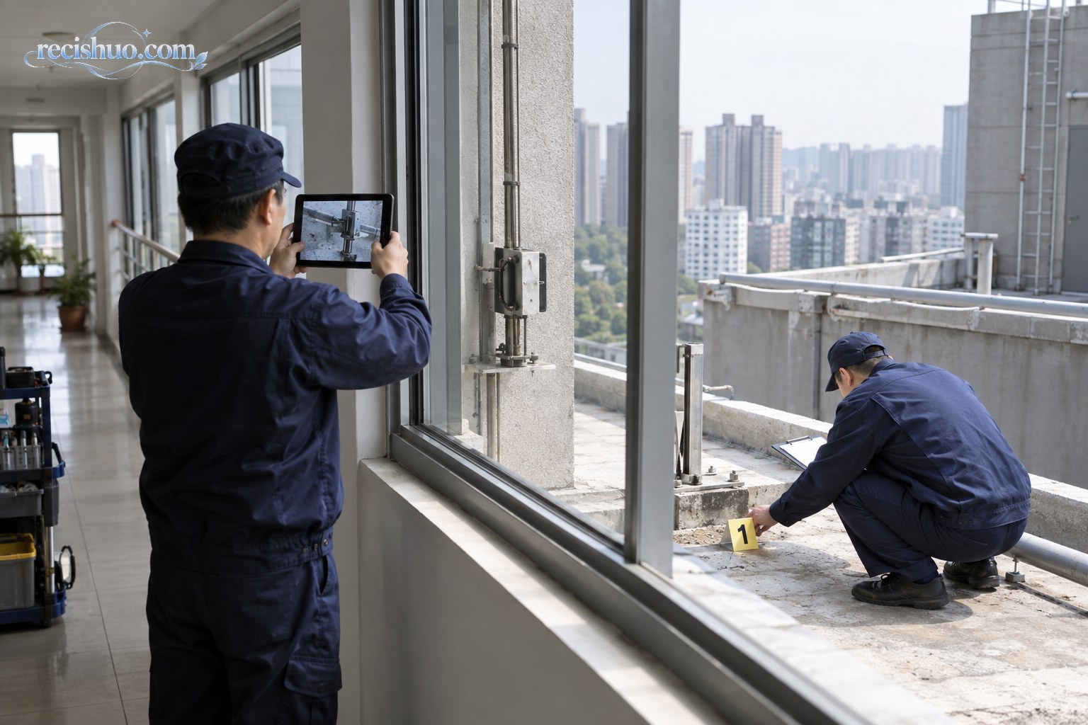物业工作人员在高层建筑窗边检查设施并拍照留存