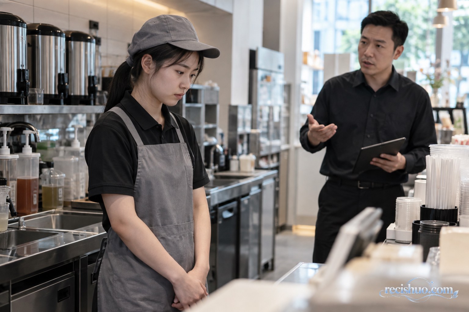 无品牌饮品门店内,年轻员工在柜台旁听取管理人员严肃沟通