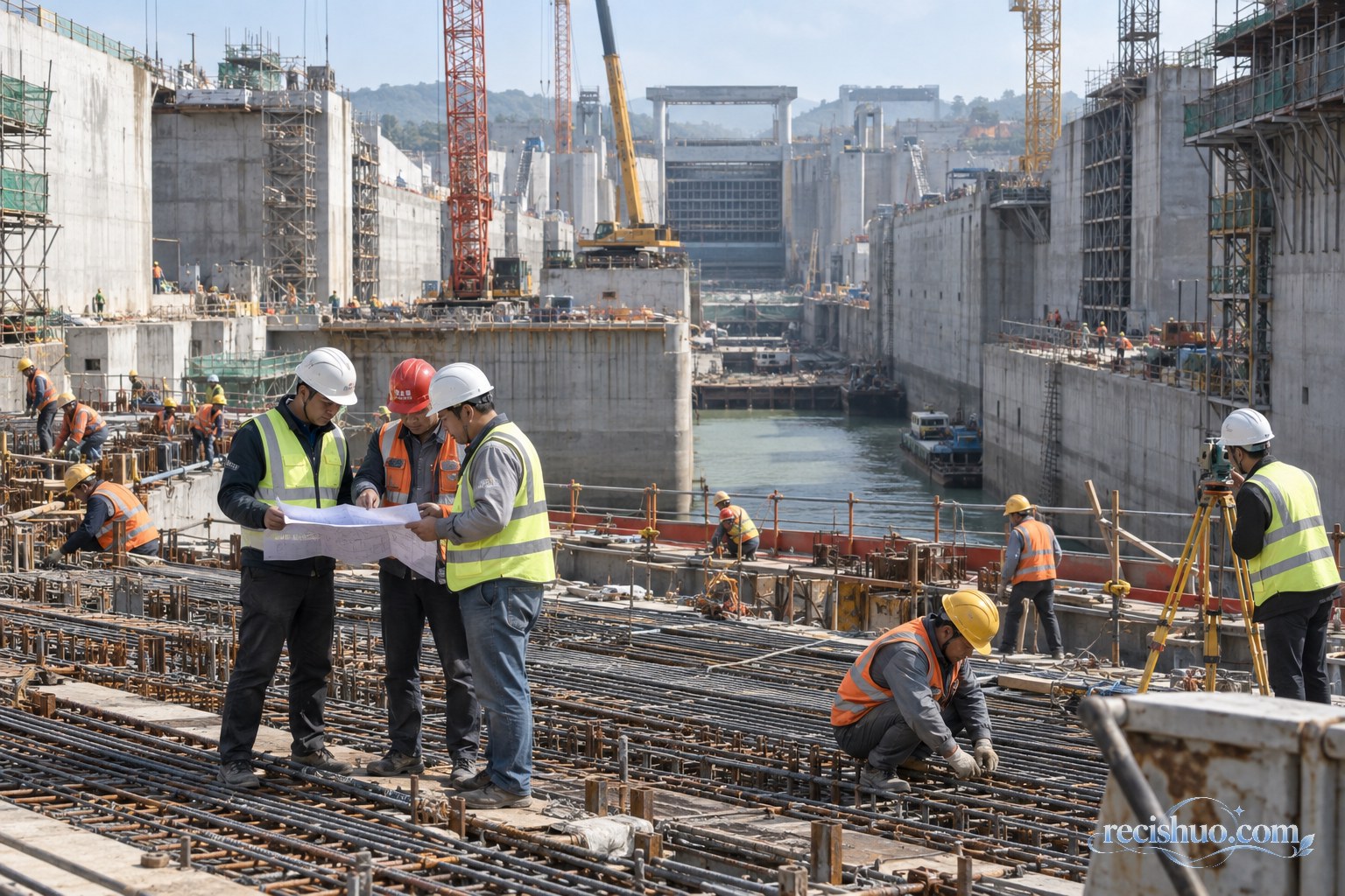 平陆运河建设场景示意,多名建设者在大型船闸工地协同作业