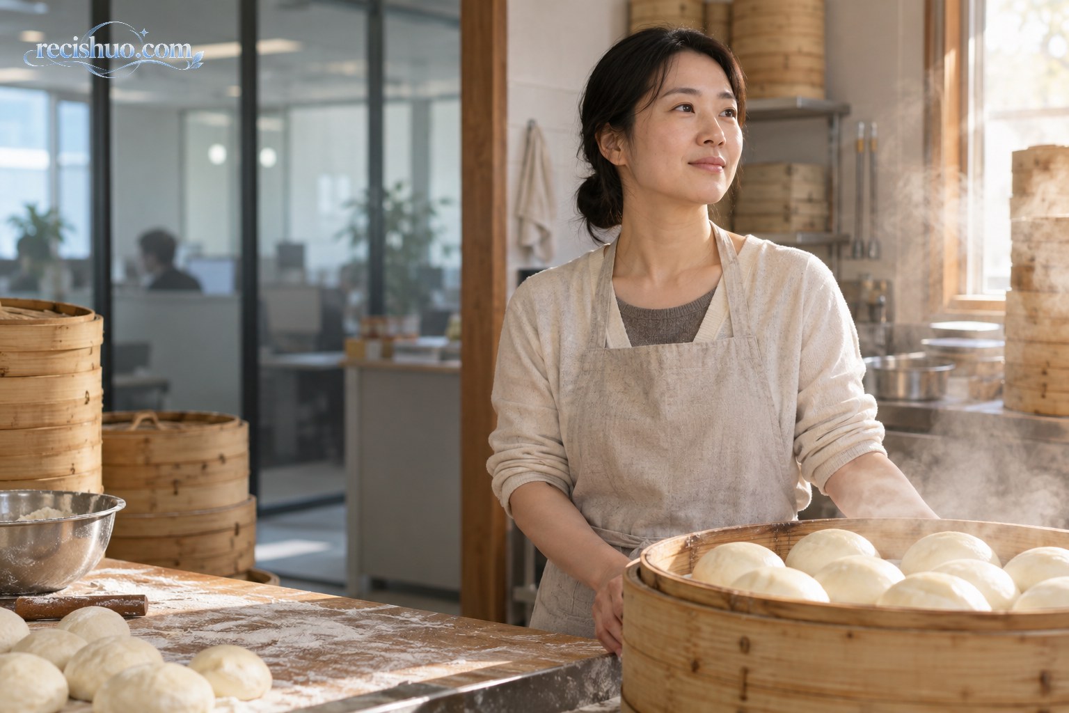 清晨馒头店里一名身穿围裙的女性站在蒸笼和操作台旁