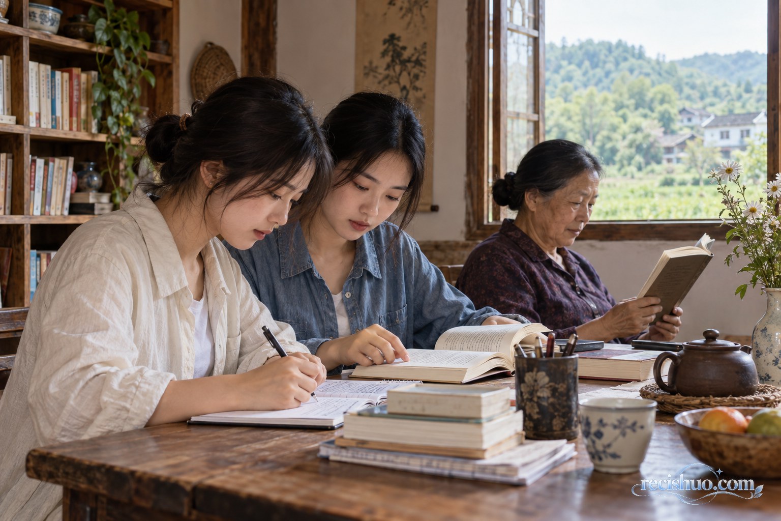 乡村家庭室内,两名年轻女性伏案学习,一位长辈在旁阅读