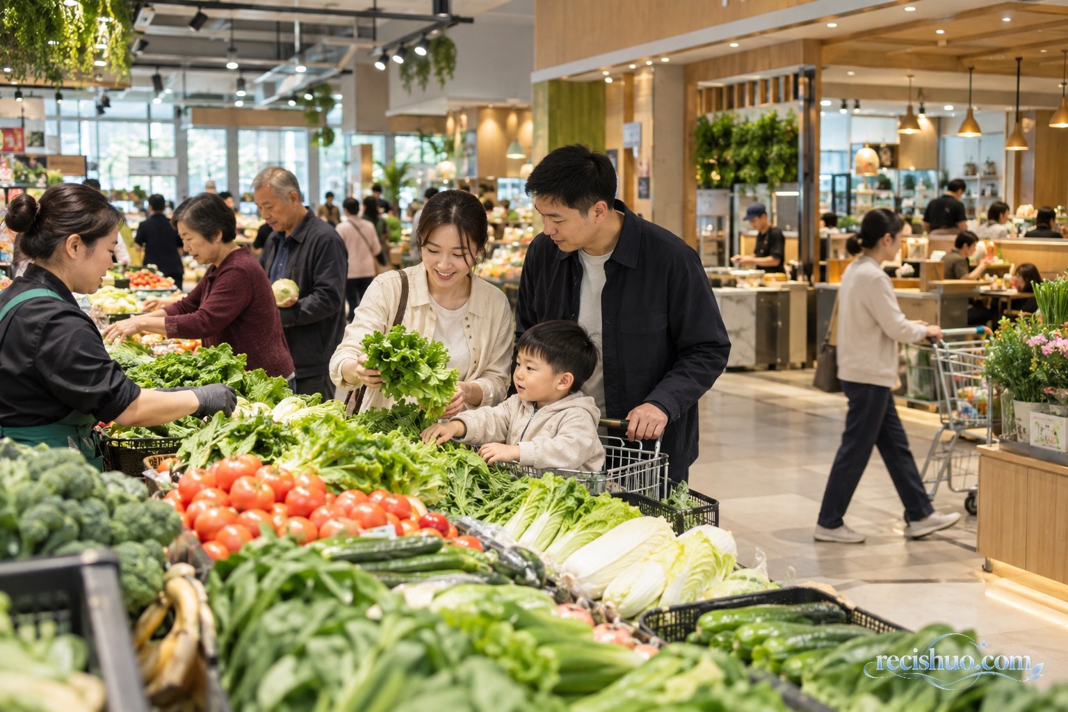 不同年龄居民在县城综合商超生鲜区选购蔬菜