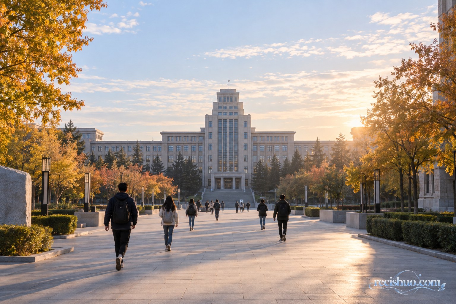 初秋晨光中的大学校园主楼与步行上课的学生