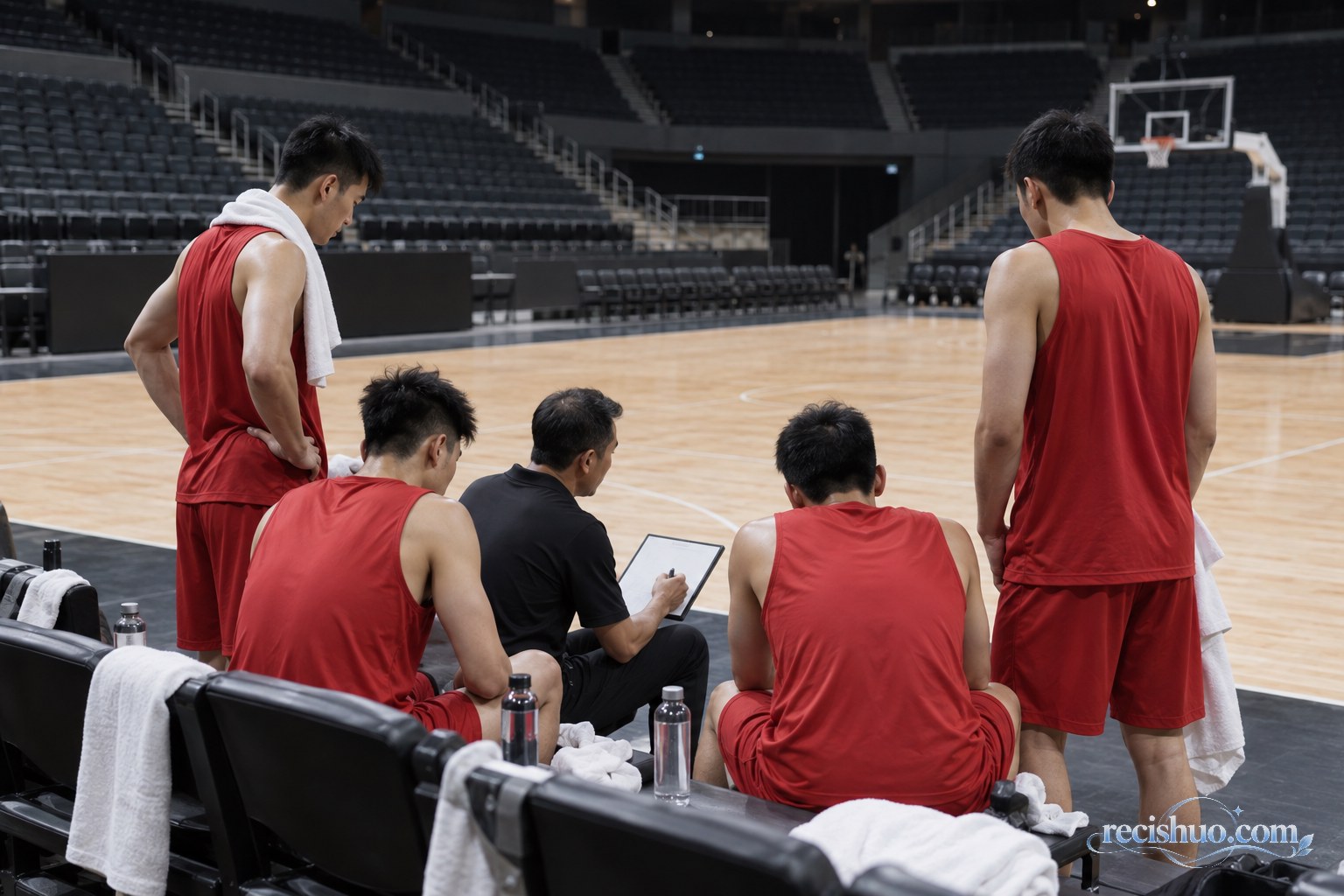 中国男篮队员赛后围在教练身边听取战术安排