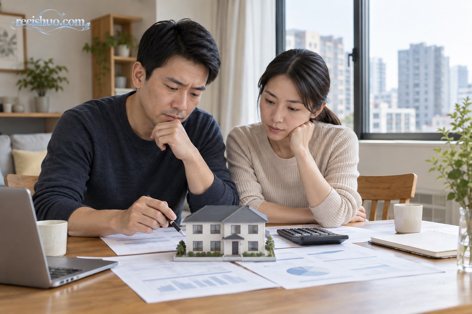一对夫妻在家中借助计算器和房屋模型评估长期住房贷款负担