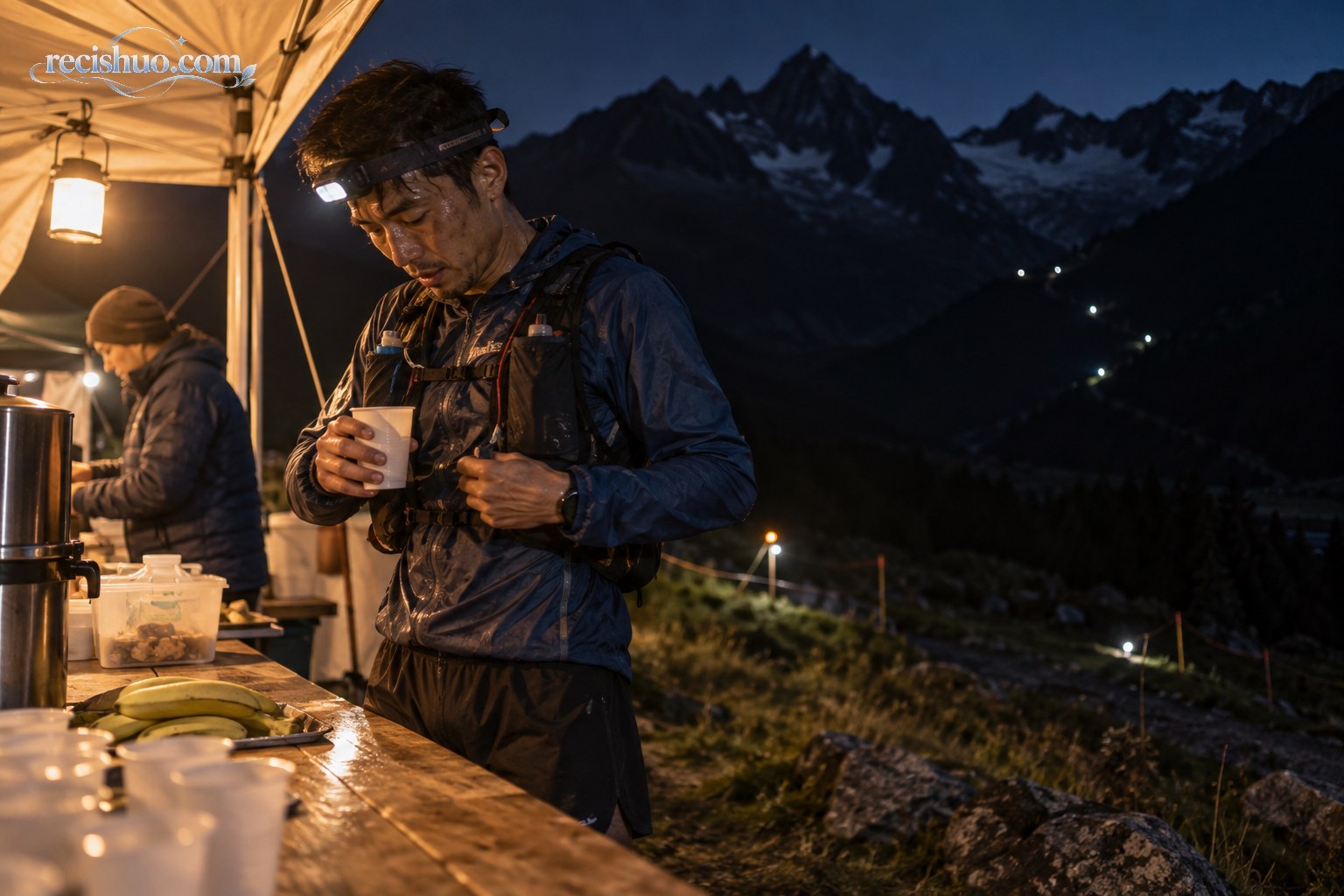 越野跑者夜间在高山补给点补水并检查装备的示意图