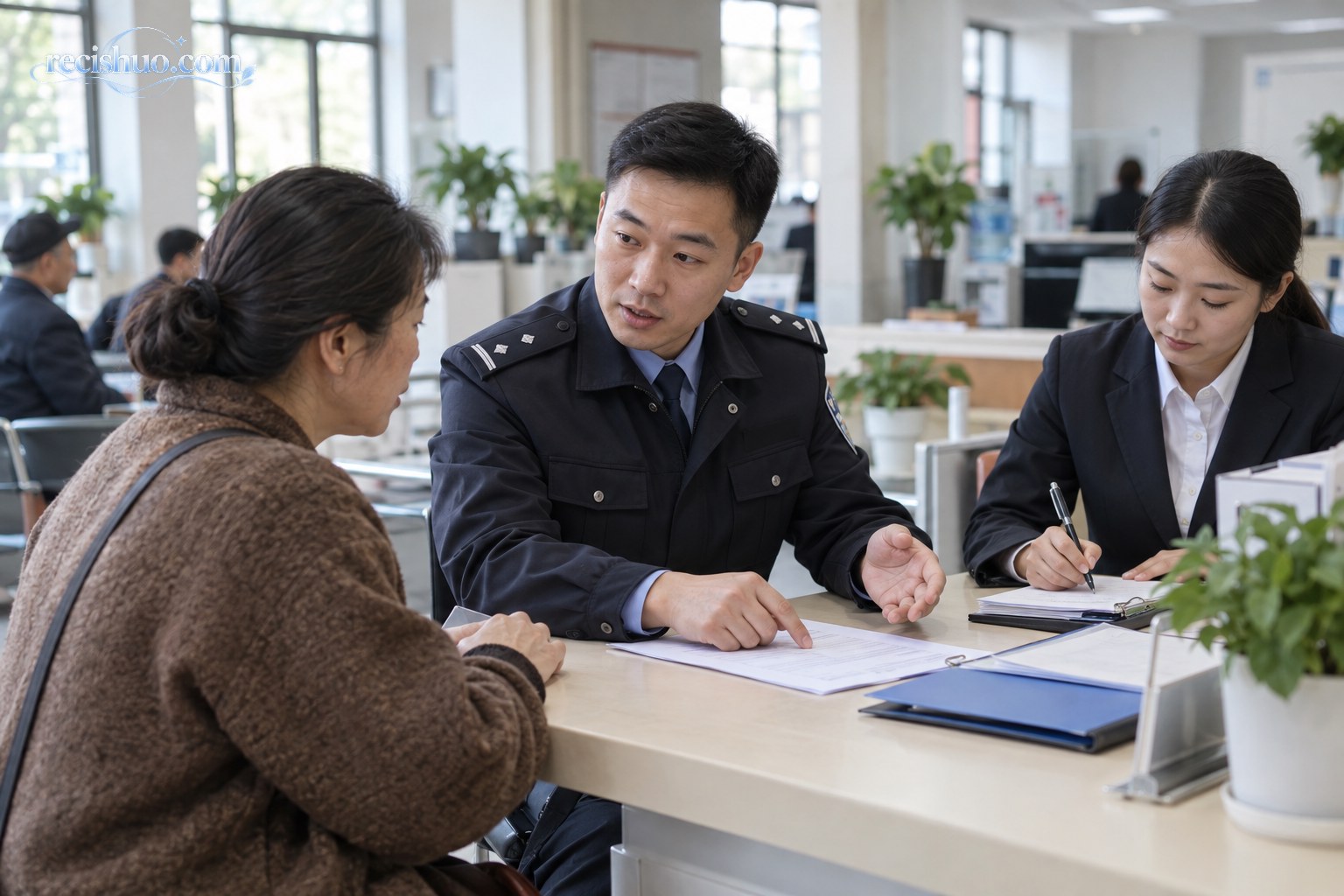 基层民警与社区工作人员在服务大厅共同帮助居民办理事项