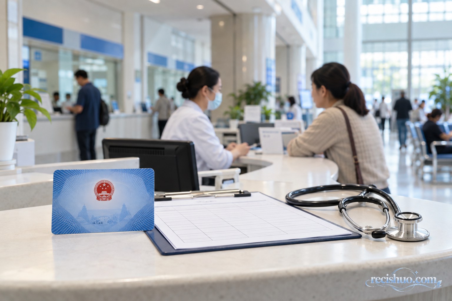 医院服务大厅咨询台上的医保卡、项目清单和听诊器