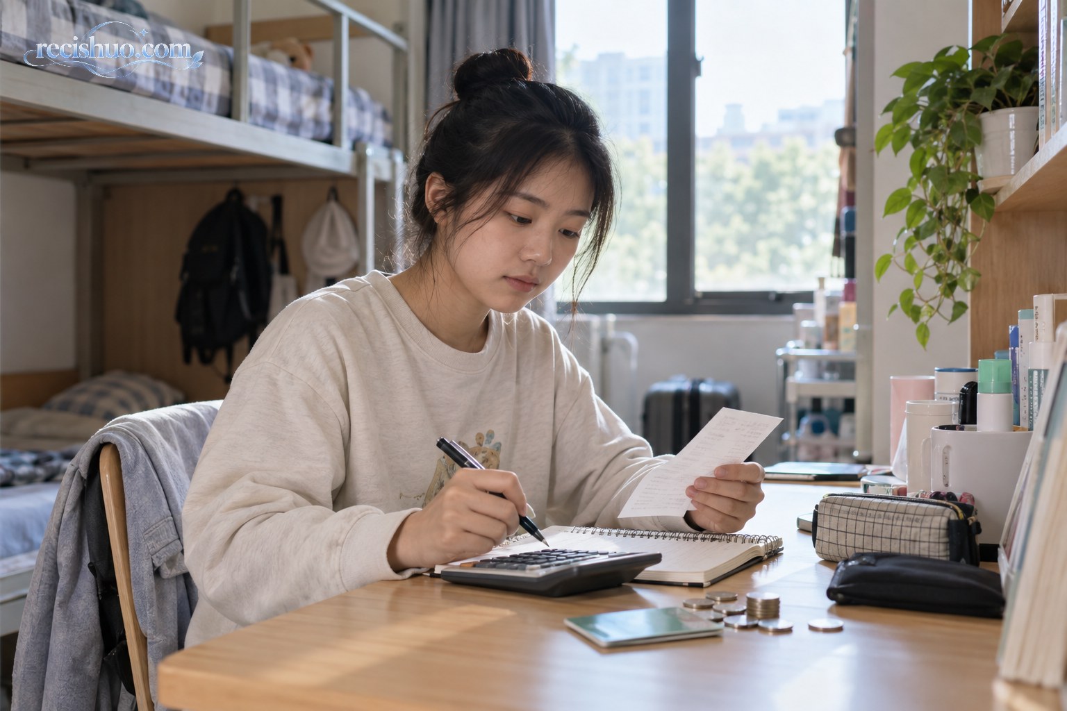 大学新生在宿舍书桌前核算每月生活开支